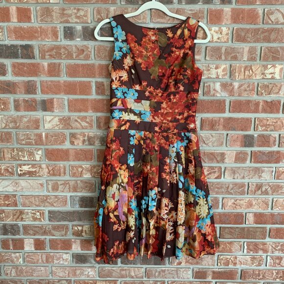 Kay Unger Women's Floral Brown Silk Wool Blend 2 Pleated Midi A-Line Dress GUC - Picture 2 of 16